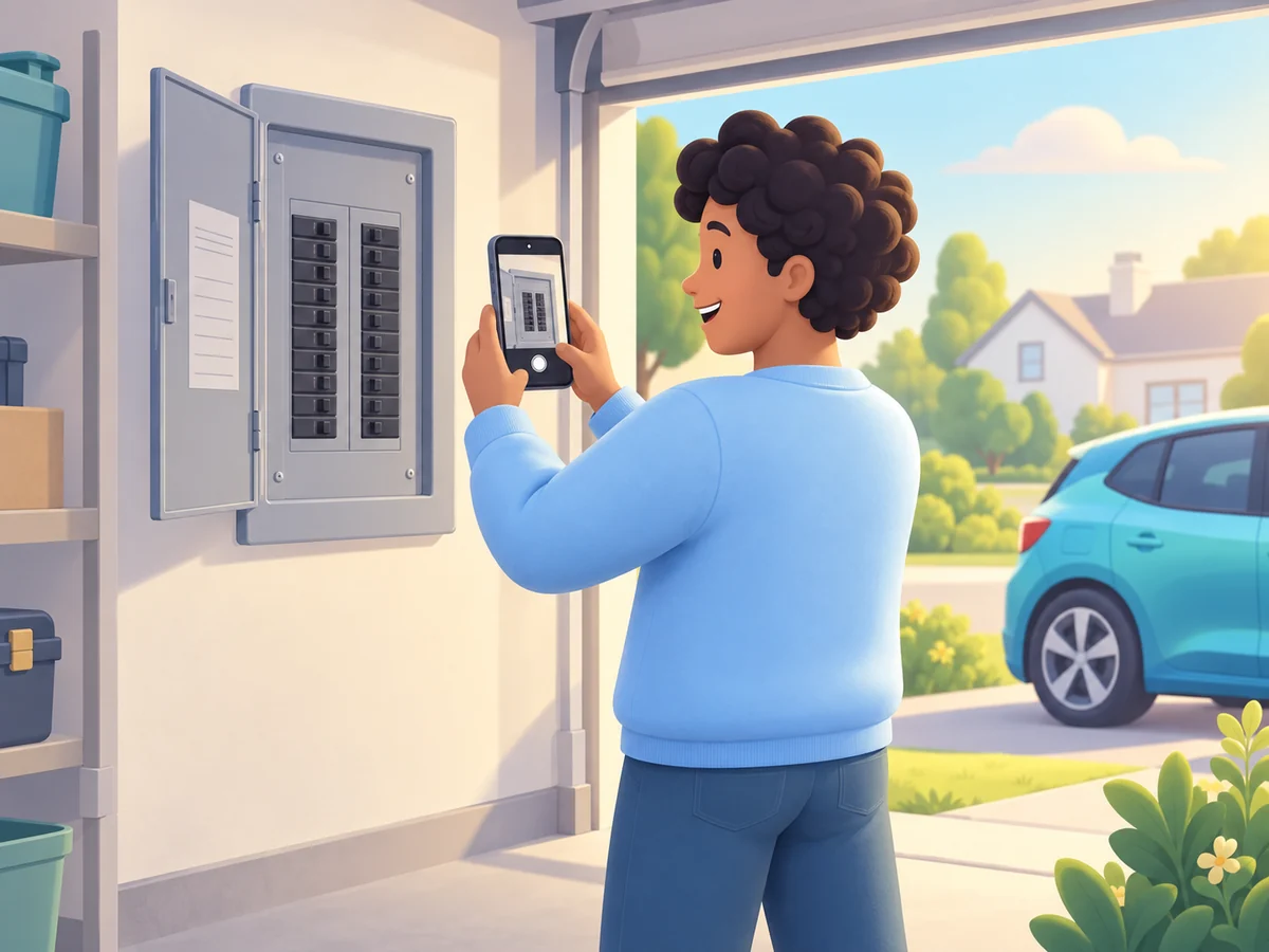 Illustration of a homeowner in a garage photographing an open electrical panel with a phone.