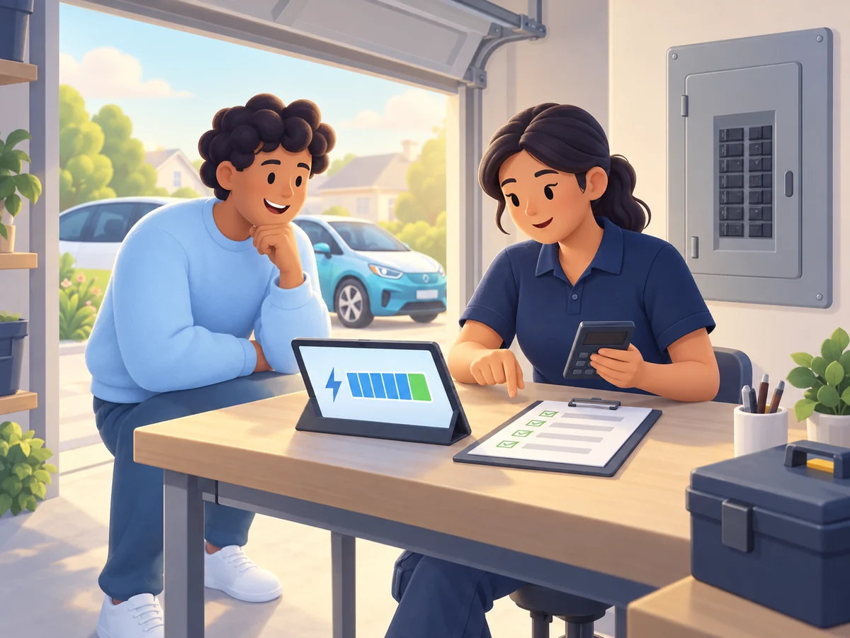 Illustration of an electrician and a homeowner going over a checklist at a table, with the electrical panel on the wall behind them.