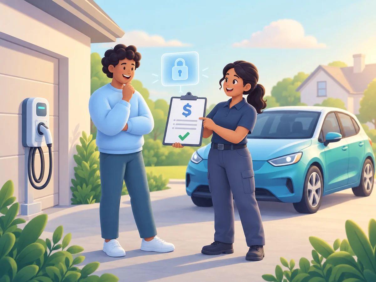 Illustration of an installer showing a homeowner a fixed estimate on a clipboard beside a wall charger and an electric car.