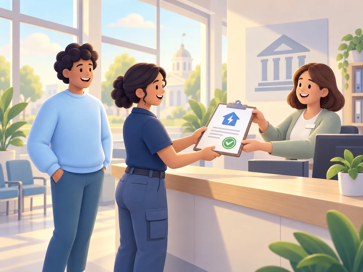 Illustration of an installer and a homeowner receiving an approved permit from a clerk at a city permit counter.
