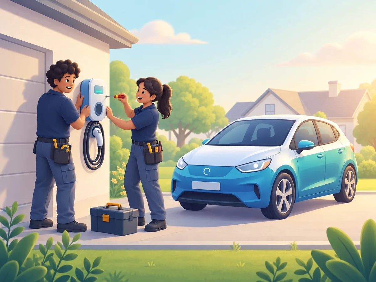 Illustration of two technicians mounting an EV charger on the outside wall of a home, beside an electric car.