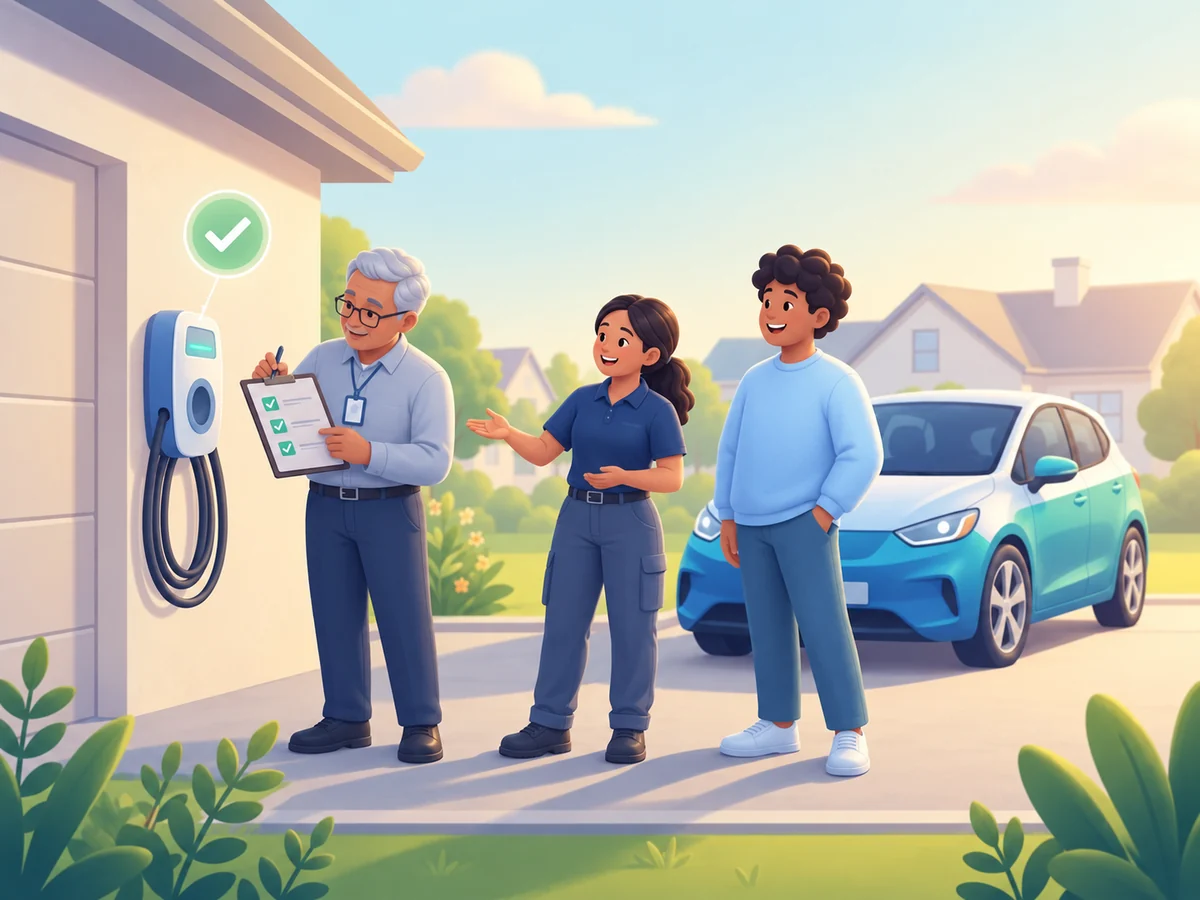 Illustration of an inspector signing off a finished EV charger installation as the installer and homeowner look on.