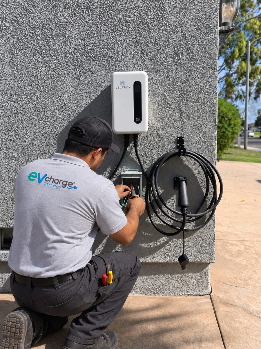 EV Charge San Diego technician wiring a Lectron Level 2 charger on an exterior stucco wall, with the charging cable coiled on a wall hook