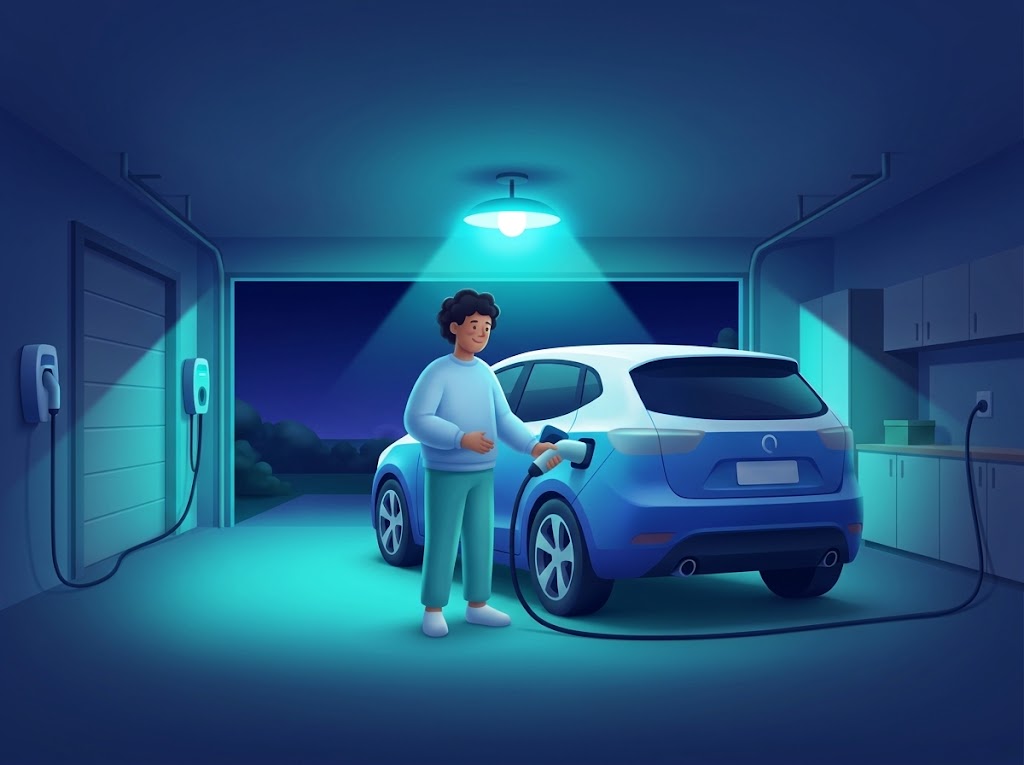 Driver plugging an electric car into a Level 2 charger in a garage at night