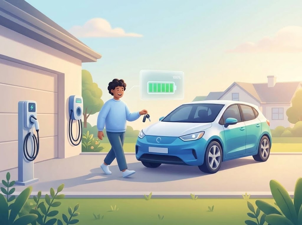 Driver heading to a fully charged electric car outside a home in the morning