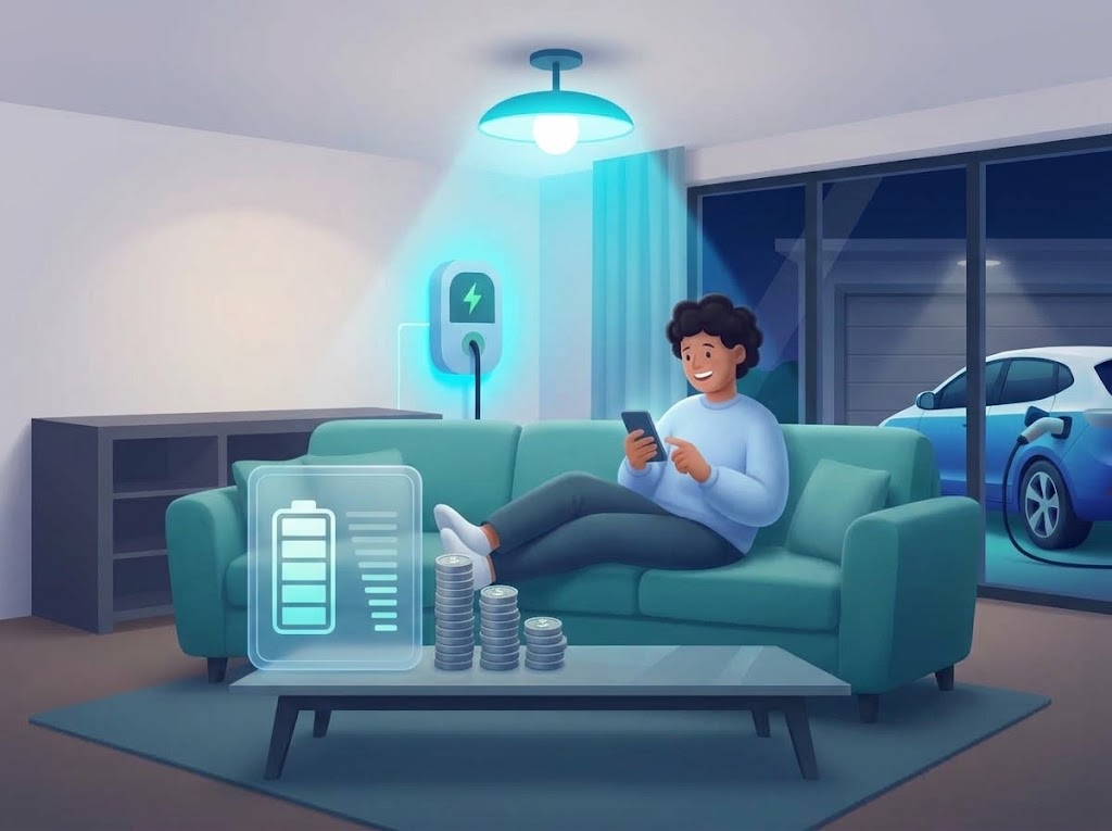 Homeowner relaxing while an electric car charges at home beside a savings graphic