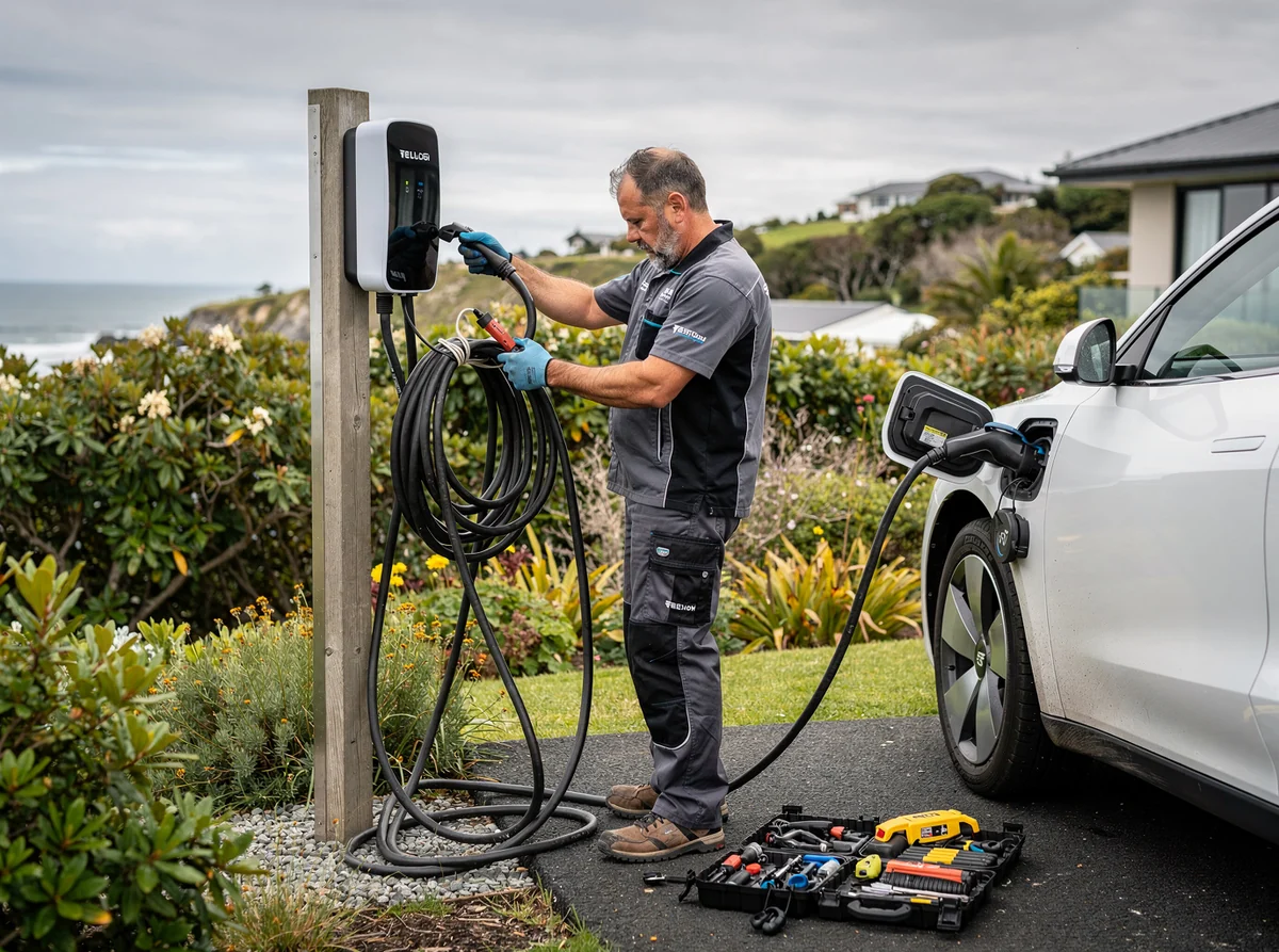 Technician testing an outdoor EV charger beside an electric vehicle with a toolkit nearby.