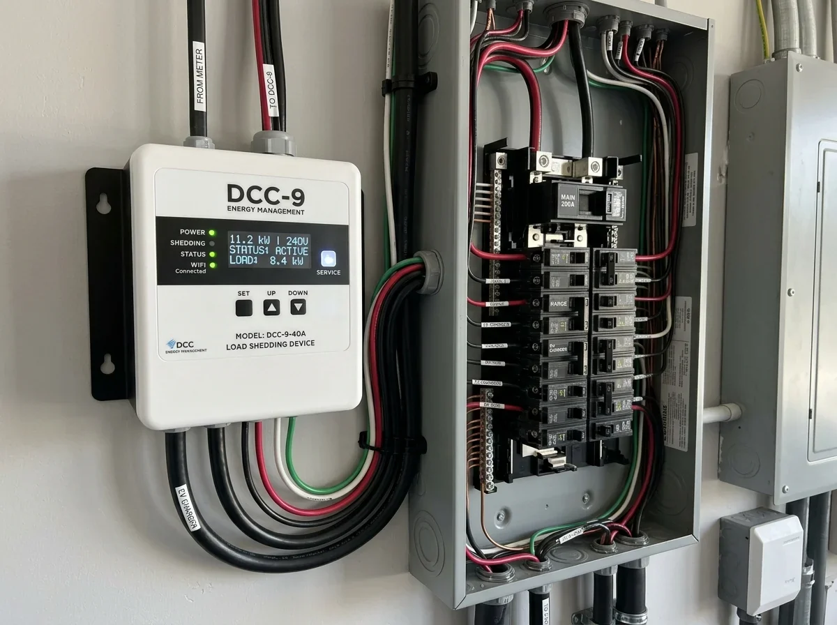DCC-9 EV energy management device mounted beside a residential electrical panel.