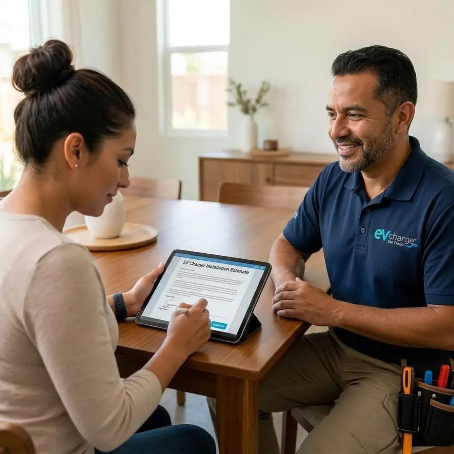Homeowner reviewing a fixed estimate with an EV charger installer