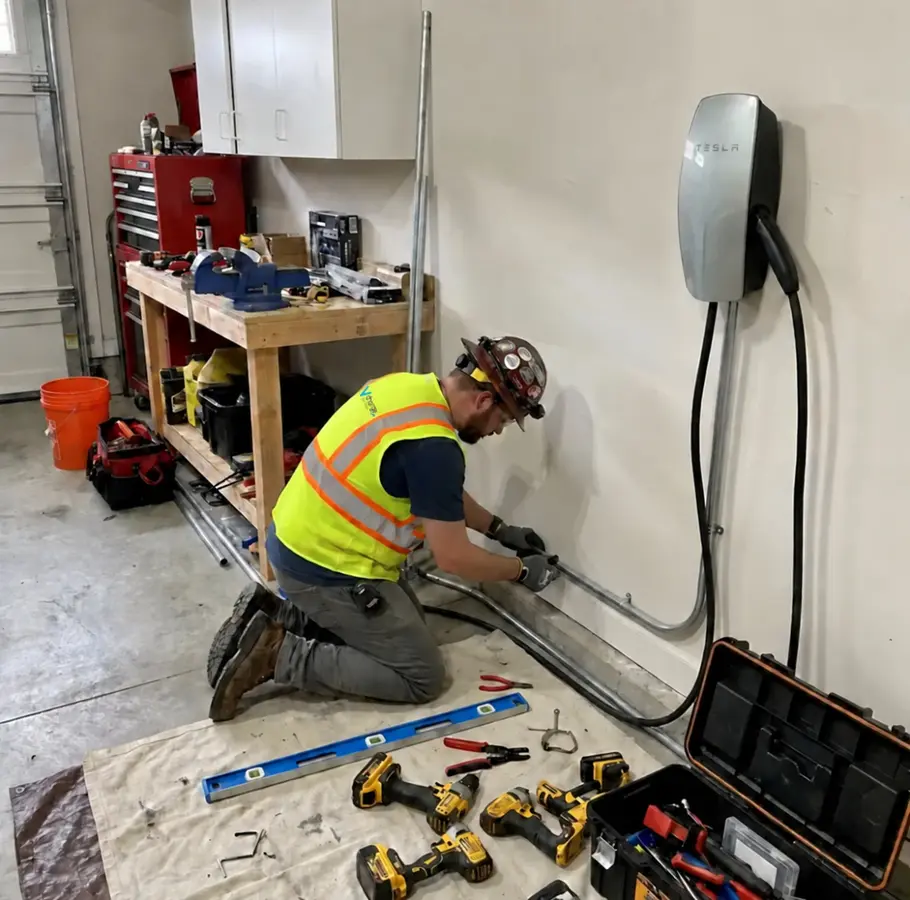Electrician installing a Level 2 EV charger in a garage