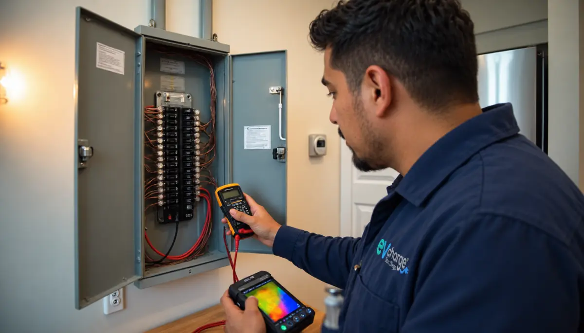 Electrician testing an open electrical panel during a load calculation