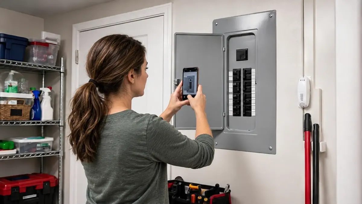 Homeowner taking a photo of an open electrical panel